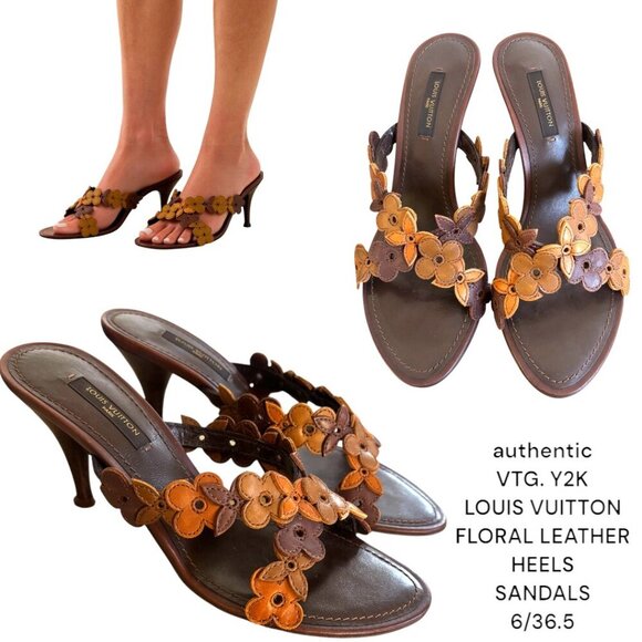VINTAGE y2k Louis Vuitton Brown Flower Leather Strappy Sandals Heels US 6 - Picture 1 of 7